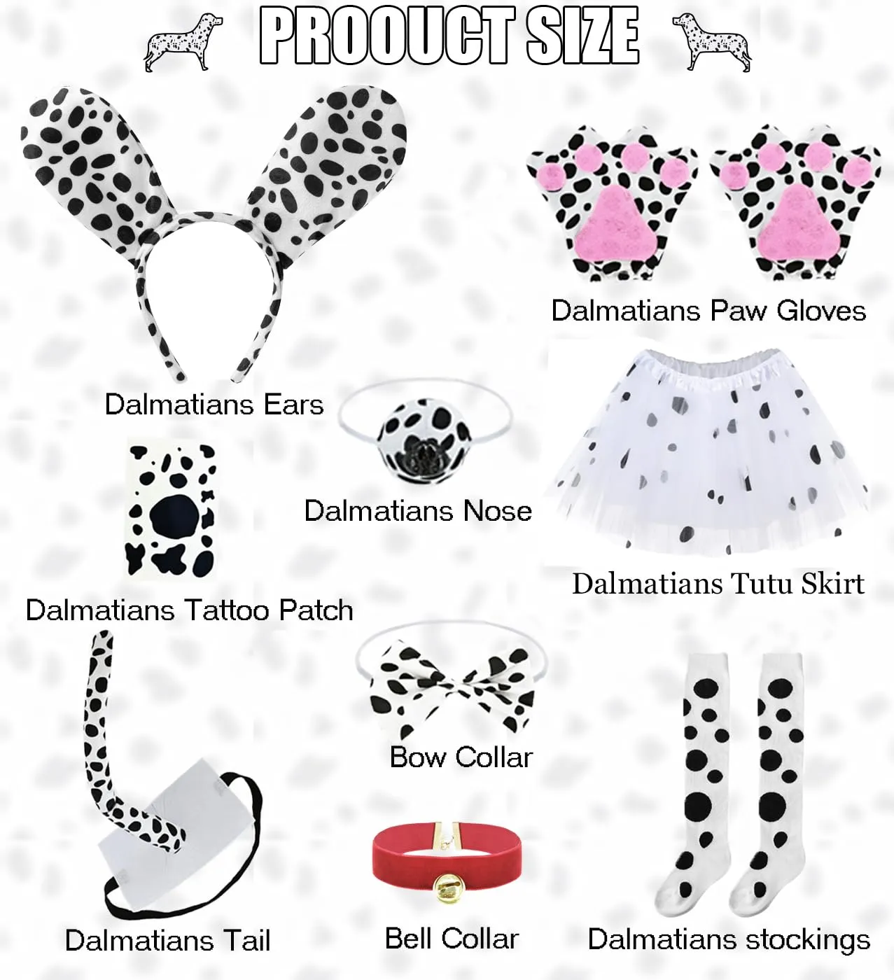 10pcs Dalmatian Costume Kids Girls 101 Days of School Costume 101 Dalmatians Costume Kids Long Sleeve T-shirt with Tutu Dress Knee Socks Tail Paw Gloves Headband Collar Nose DY025M