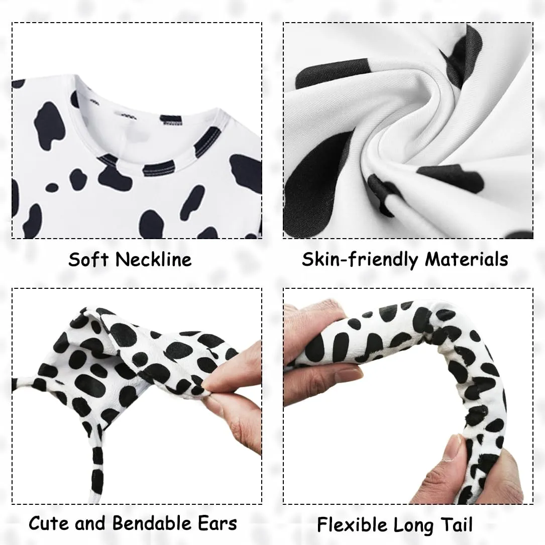 10pcs Dalmatian Costume Kids Girls 101 Days of School Costume 101 Dalmatians Costume Kids Long Sleeve T-shirt with Tutu Dress Knee Socks Tail Paw Gloves Headband Collar Nose DY025M