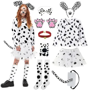 10pcs Dalmatian Costume Kids Girls 101 Days of School Costume 101 Dalmatians Costume Kids Long Sleeve T-shirt with Tutu Dress Knee Socks Tail Paw Gloves Headband Collar Nose DY025M