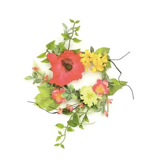 11" Decorative Red Poppy and Orange Wildflower Artificial Floral Pillar Candle Ring