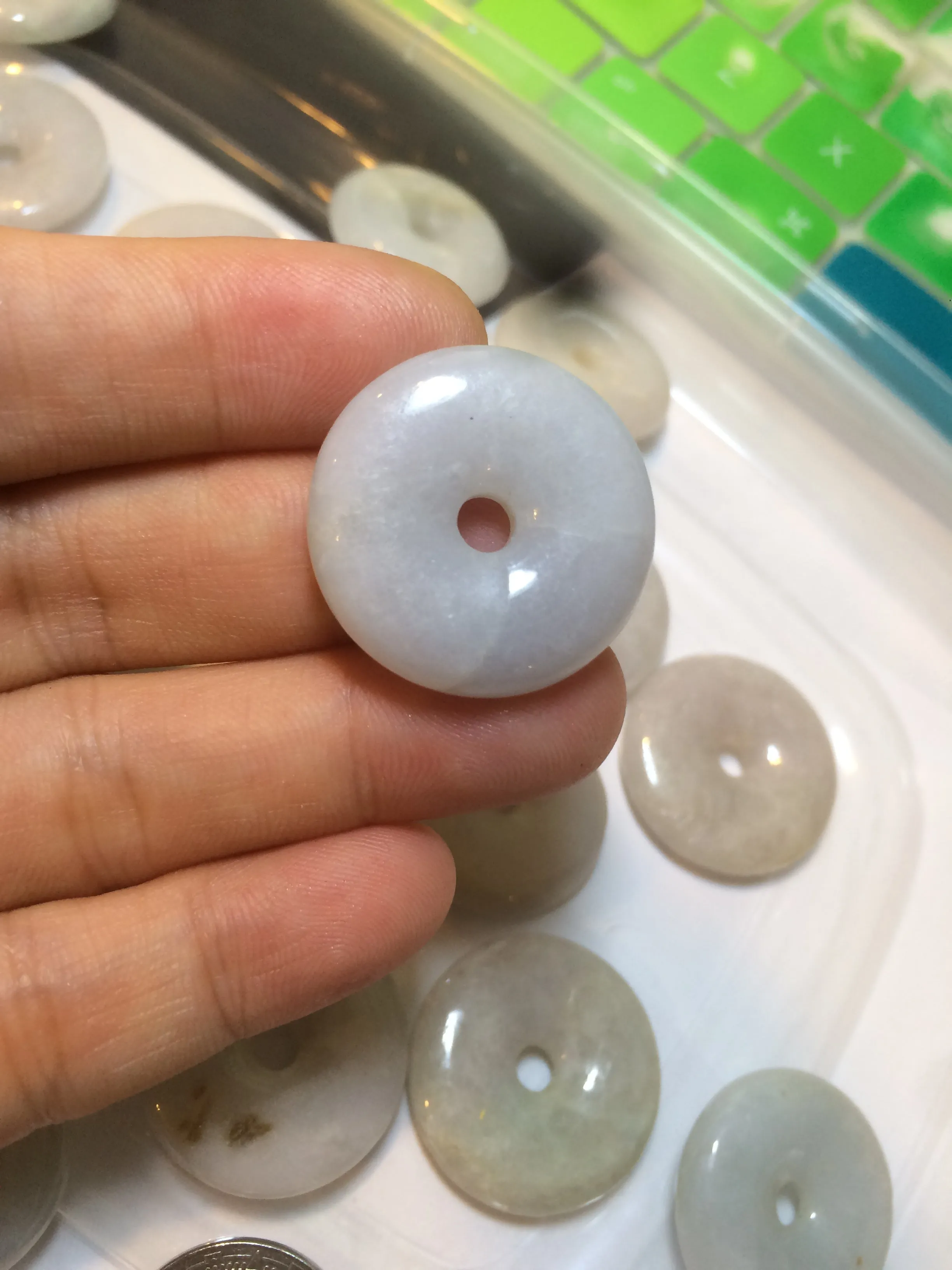 24-25mm Type A 100% Natural light green/white Jadeite Jade Safety Guardian Button donut Pendant group AJ52 (Add-on items)