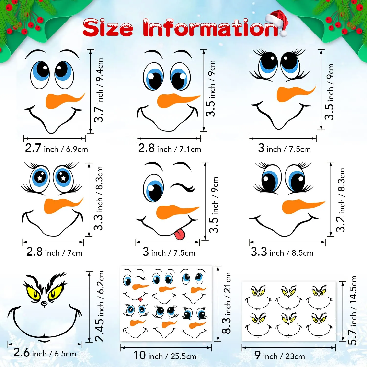 24 PCS Snowman Face Stickers for Christmas Ornaments, Cartoon Decals for Christmas Ball/Refrigerator/Water Bottles, DIY Vinyl Stickers for Home Christmas Party Decorations, 2 Styles