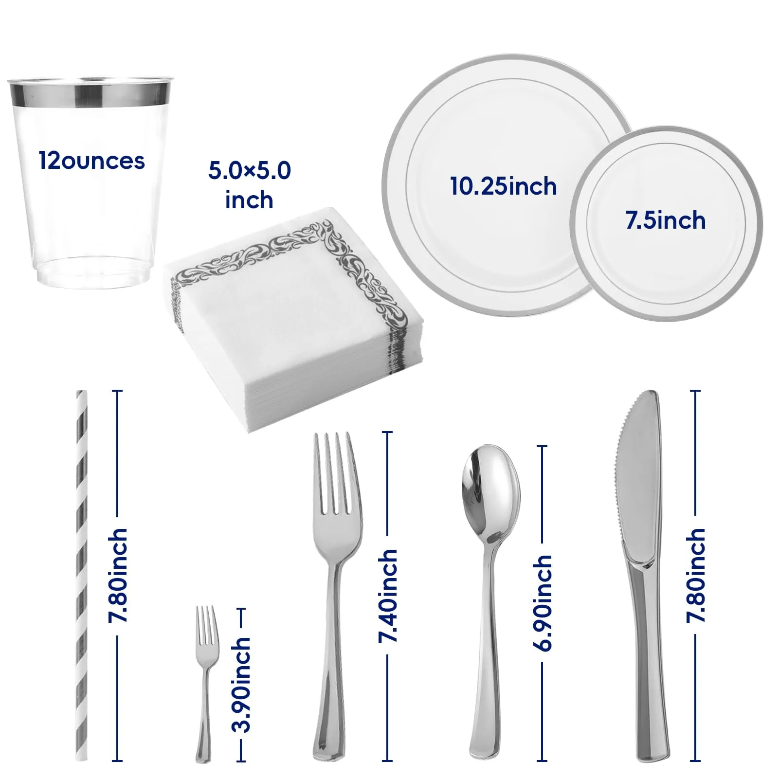 250 Count Silver Disposable Plastic Dinnerware Set, 50 Silver Plastic Plates, 25 Plastic Silverware, 25 Silver Cups and Straws, 50 Napkins, Perfect for Wedding Party