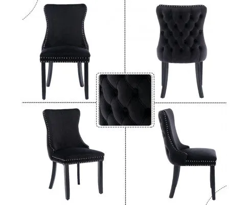 2x Velvet Upholstered Dining Chairs Tufted Wingback Side Chair with Studs Trim Solid Wood Legs for Kitchen