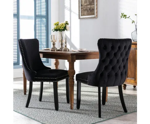 2x Velvet Upholstered Dining Chairs Tufted Wingback Side Chair with Studs Trim Solid Wood Legs for Kitchen