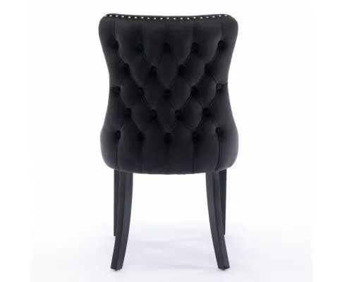 2x Velvet Upholstered Dining Chairs Tufted Wingback Side Chair with Studs Trim Solid Wood Legs for Kitchen