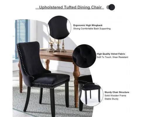 2x Velvet Upholstered Dining Chairs Tufted Wingback Side Chair with Studs Trim Solid Wood Legs for Kitchen