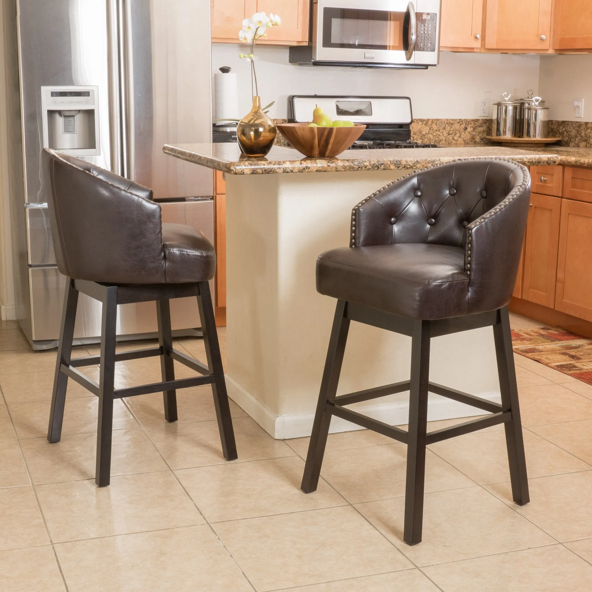 30-Inch Brown Leather Swivel Backed Barstool (Set of 2) - NH879592