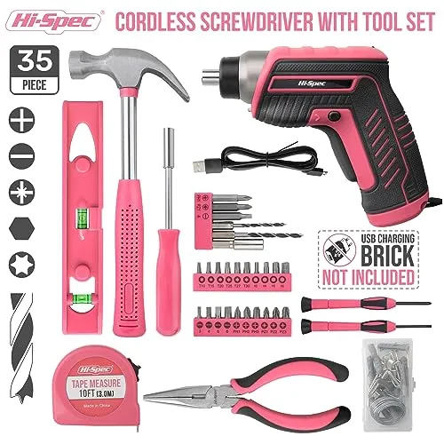 35pc Pink 3.6V USB Electric Screwdriver and Home DIY Tool Kit Set