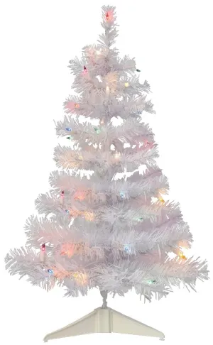 36" White Mini Artificial Foyer Tree with Stand and Pre-Lit with Multi-Colored Lights