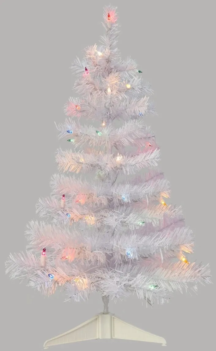 36" White Mini Artificial Foyer Tree with Stand and Pre-Lit with Multi-Colored Lights