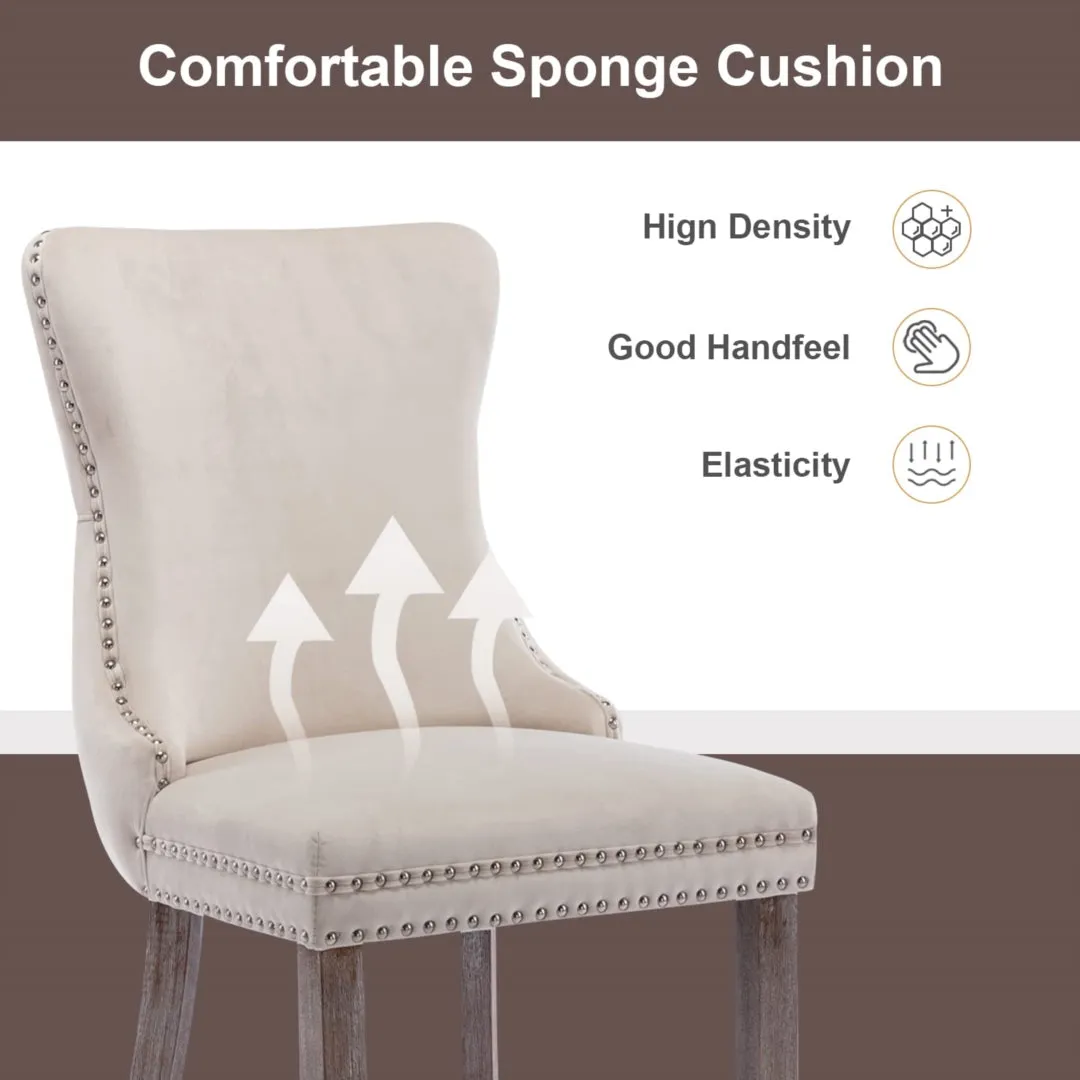 6x Velvet Tufted Wingback Dining Chairs Wood Legs, Stud Trim