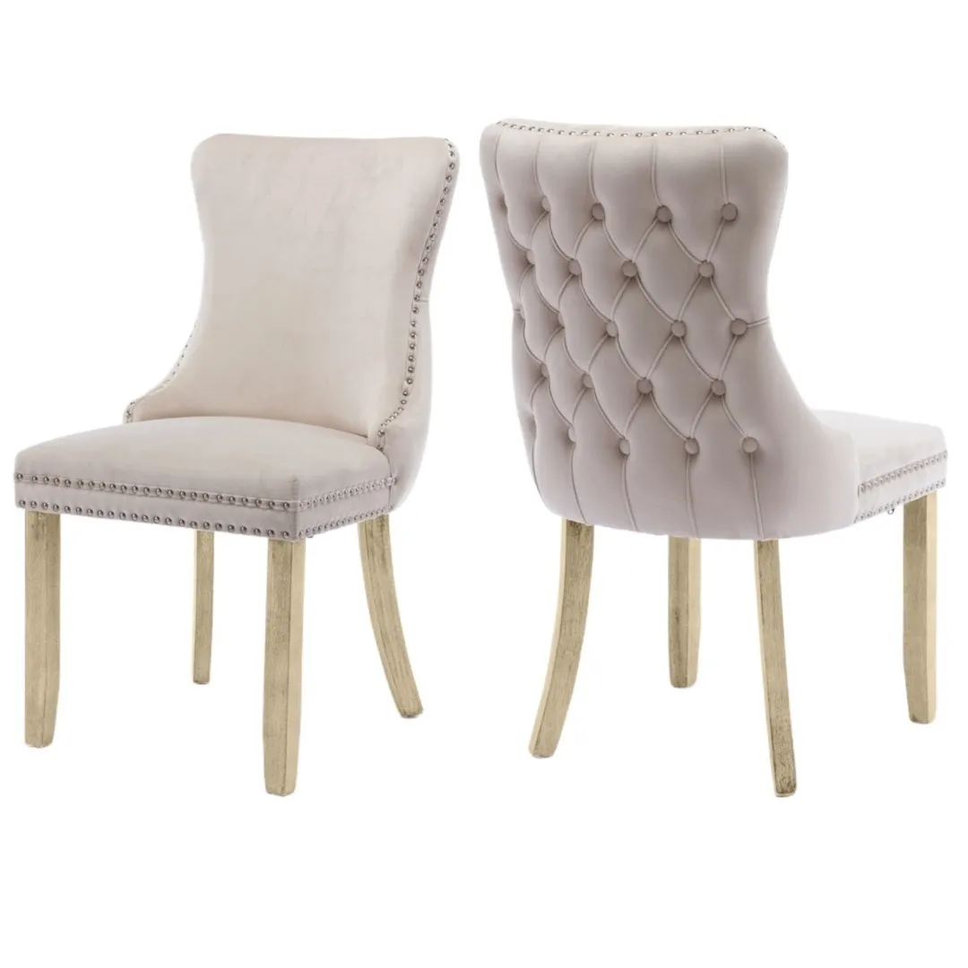 6x Velvet Tufted Wingback Dining Chairs Wood Legs, Stud Trim