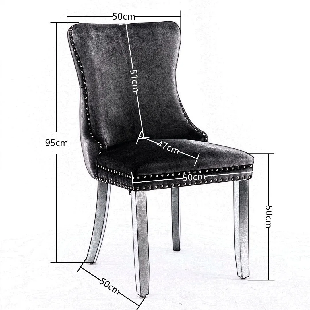 6x Velvet Tufted Wingback Dining Chairs Wood Legs, Stud Trim