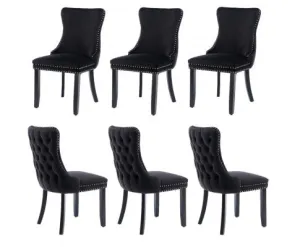 6x Velvet Upholstered Dining Chairs Tufted Wingback Side Chair with Studs Trim Solid Wood Legs for Kitchen