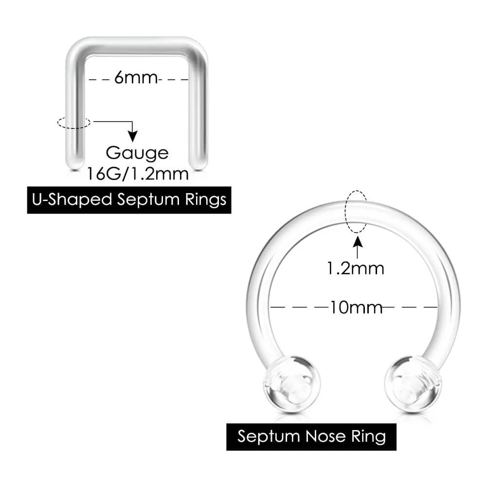 8PCS 16G Acrylic Horseshoe And U-Shape Septum Clear Retainer