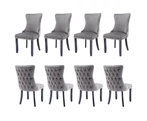 8x Velvet Upholstered Dining Chairs Tufted Wingback Side Chair with Studs Trim Solid Wood Legs for Kitchen