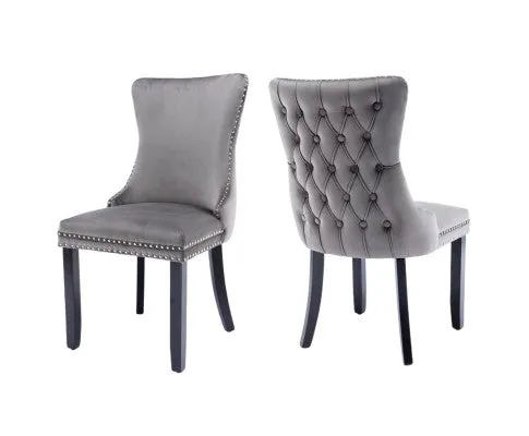 8x Velvet Upholstered Dining Chairs Tufted Wingback Side Chair with Studs Trim Solid Wood Legs for Kitchen