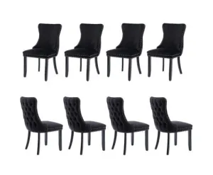 8x Velvet Upholstered Dining Chairs Tufted Wingback Side Chair with Studs Trim Solid Wood Legs for Kitchen