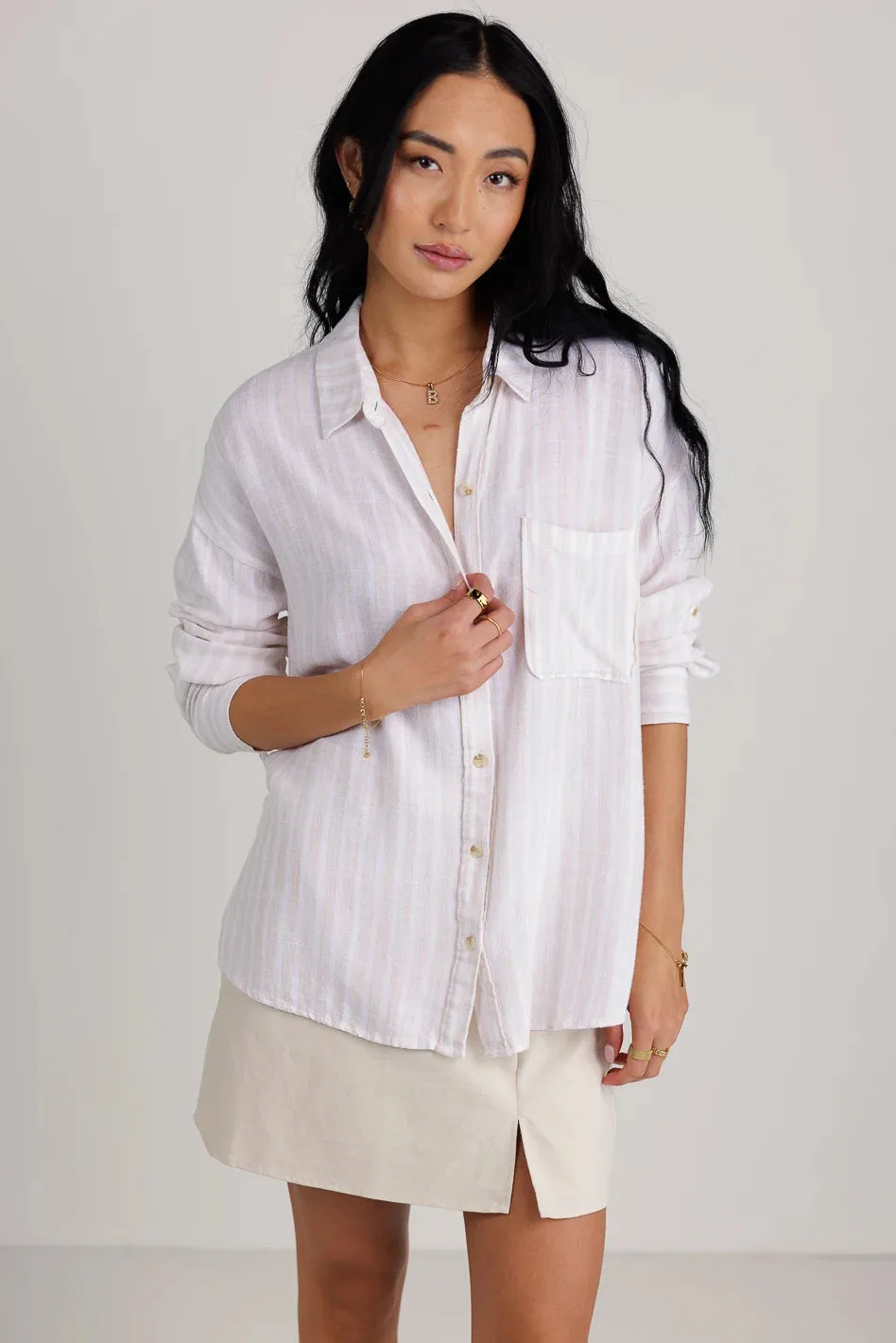 Aiyanna Striped Button Up in Natural - FINAL SALE