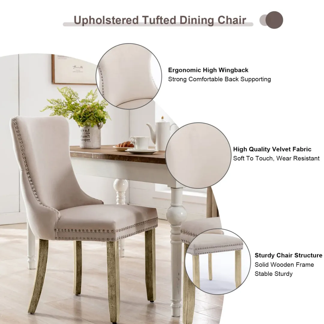 Beige Velvet Tufted Wingback Dining Chairs Set of 4, Solid Wood Legs