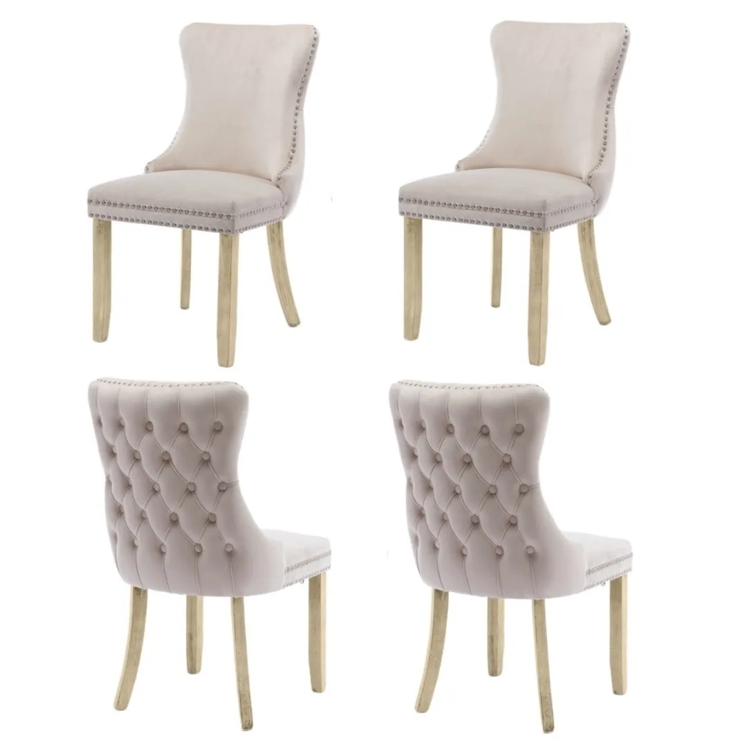 Beige Velvet Tufted Wingback Dining Chairs Set of 4, Solid Wood Legs