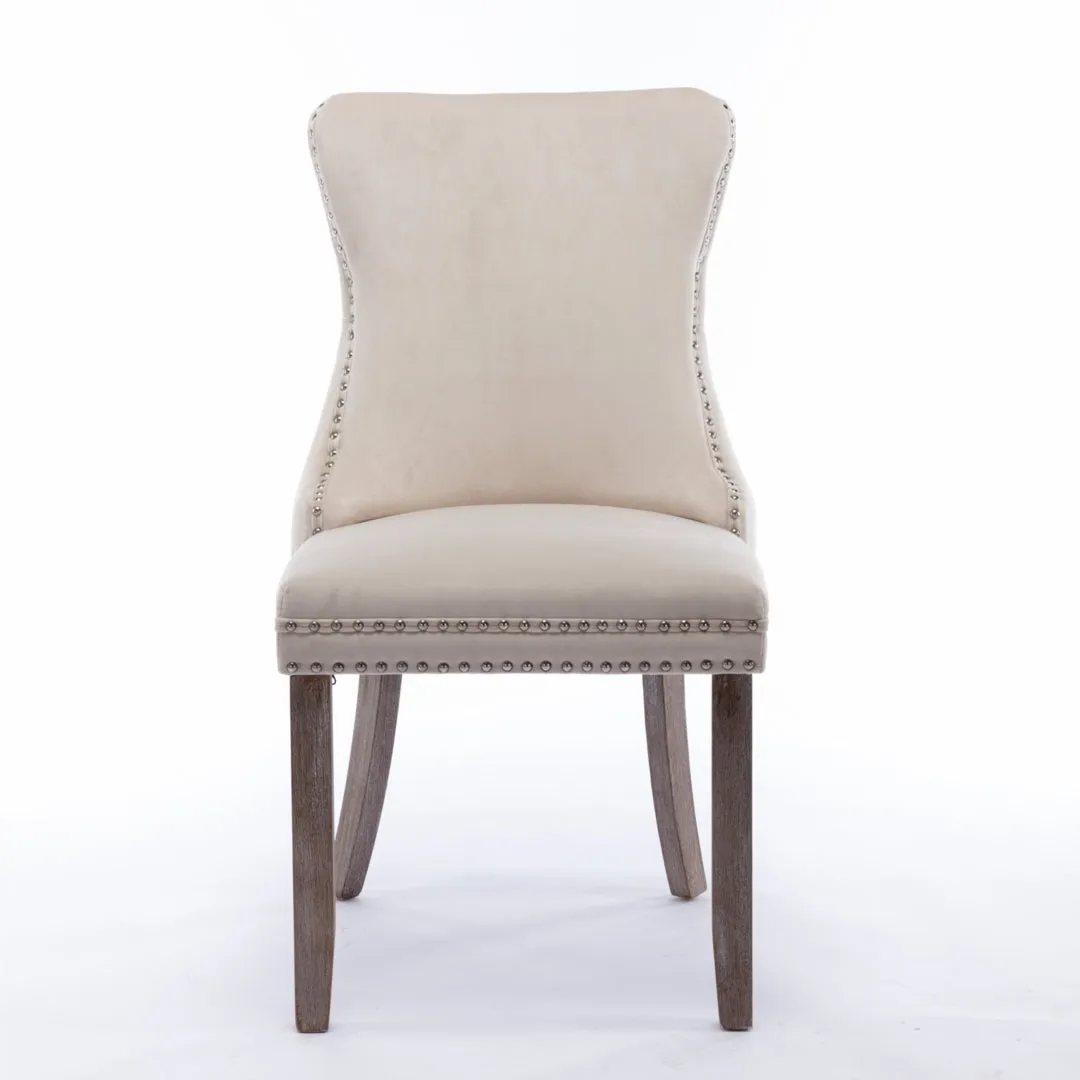 Beige Velvet Tufted Wingback Dining Chairs Set of 4, Solid Wood Legs