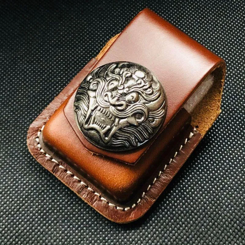 Black Handmade Leather Mens Indian Skull Zippo Lighter Holders Lighter Case For Men