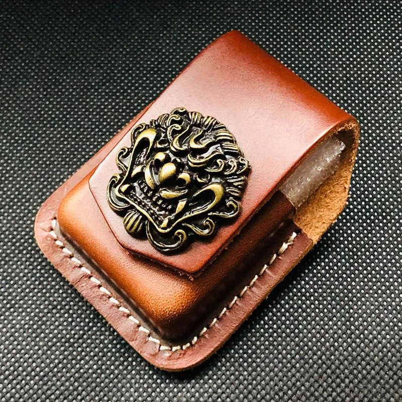 Black Handmade Leather Mens Indian Skull Zippo Lighter Holders Lighter Case For Men