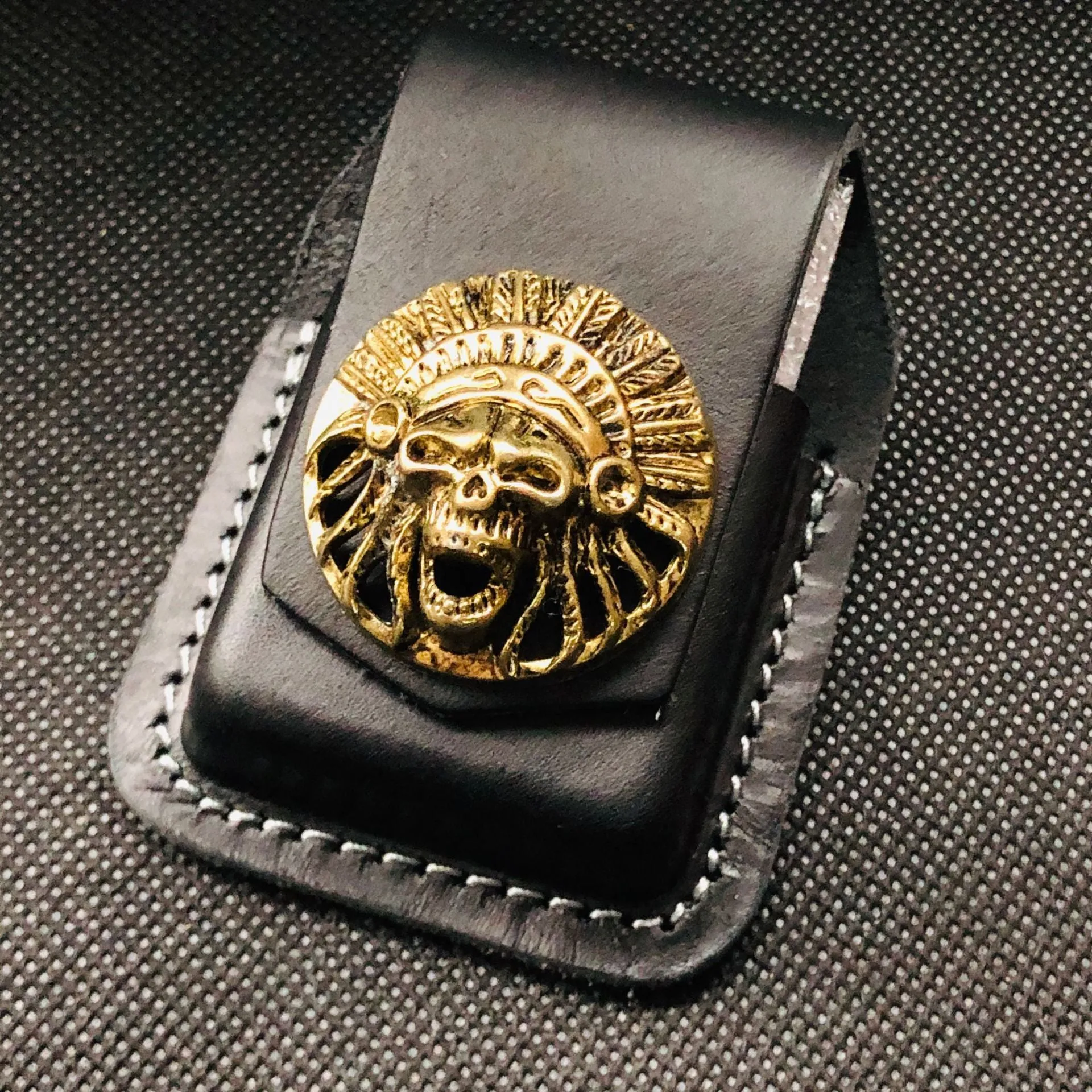 Black Handmade Leather Mens Indian Skull Zippo Lighter Holders Lighter Case For Men