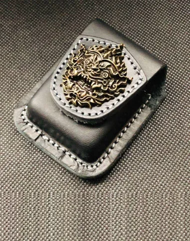 Black Handmade Leather Mens Monster Zippo Lighter Holders Lighter Case For Men