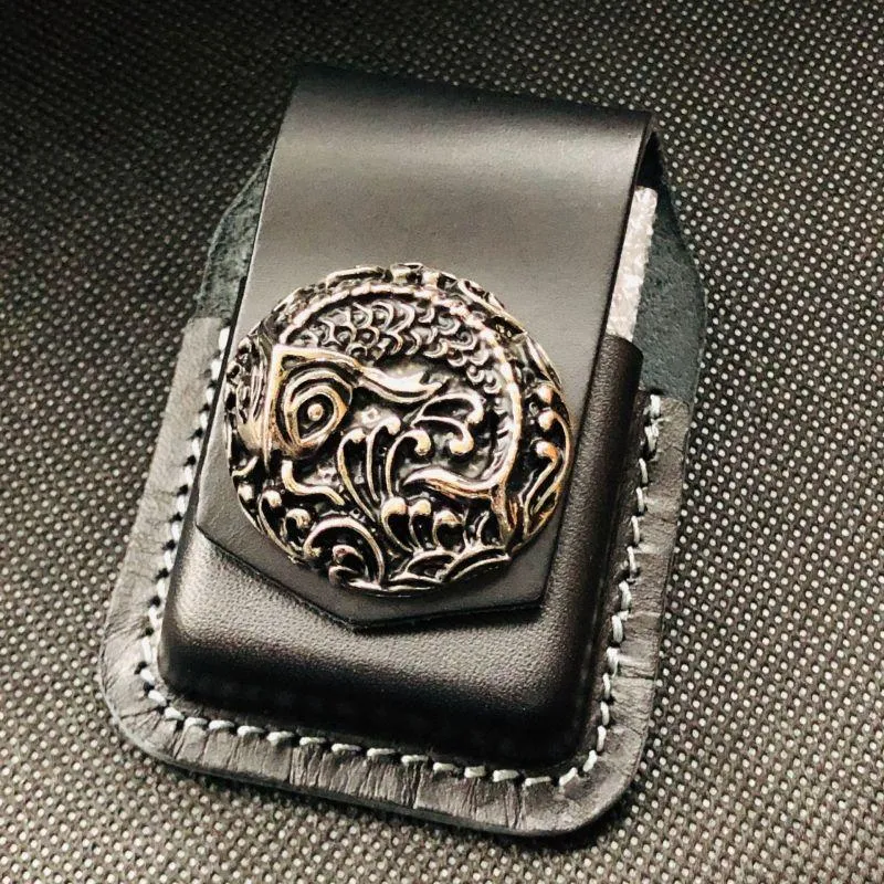 Black Handmade Leather Mens Monster Zippo Lighter Holders Lighter Case For Men