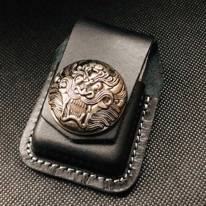 Black Handmade Leather Mens Monster Zippo Lighter Holders Lighter Case For Men