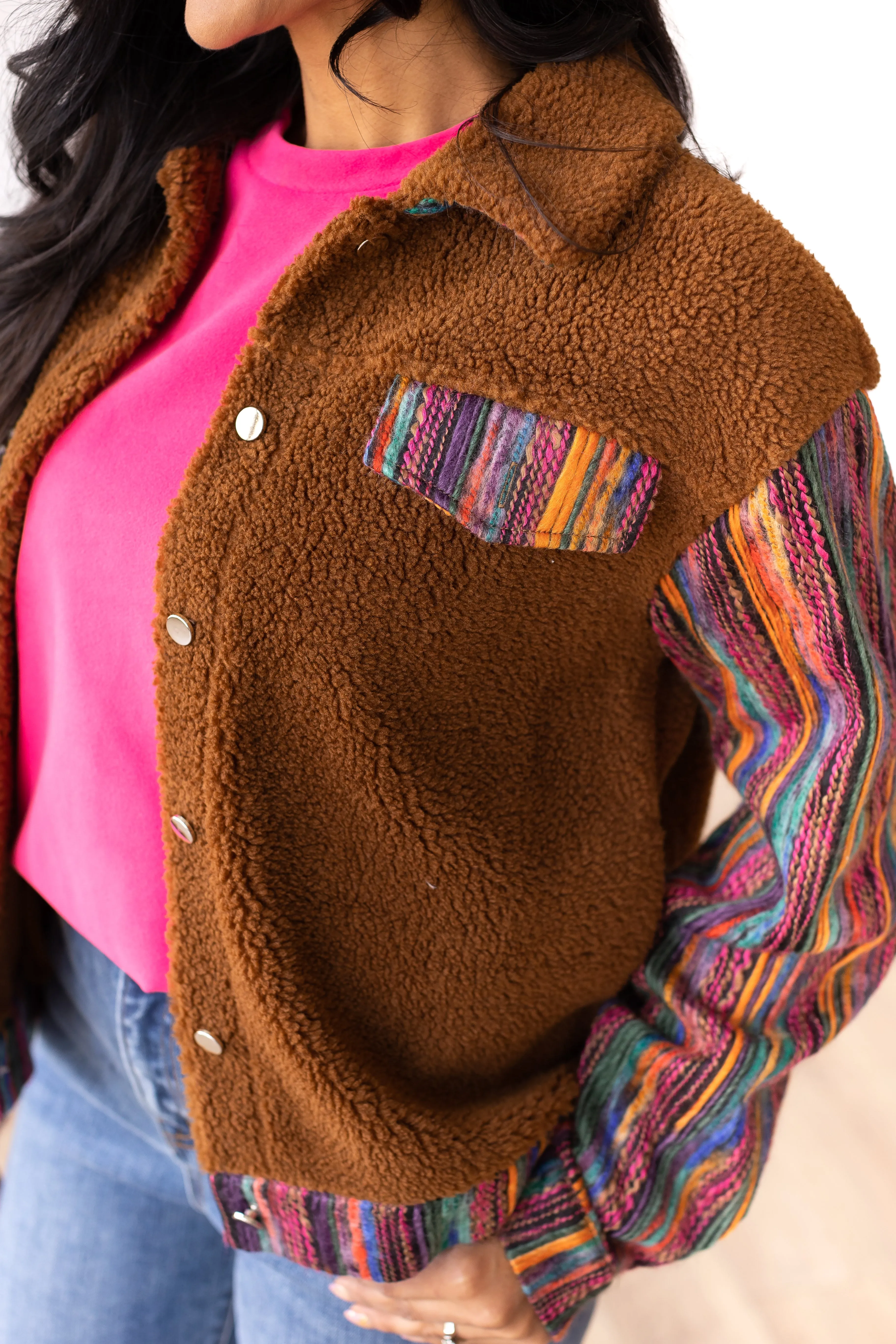 Brown Sherpa with Multi-Colored Sleeves