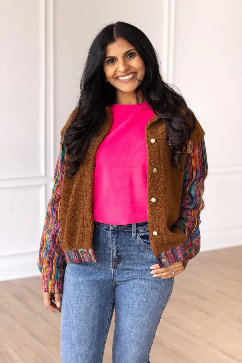 Brown Sherpa with Multi-Colored Sleeves