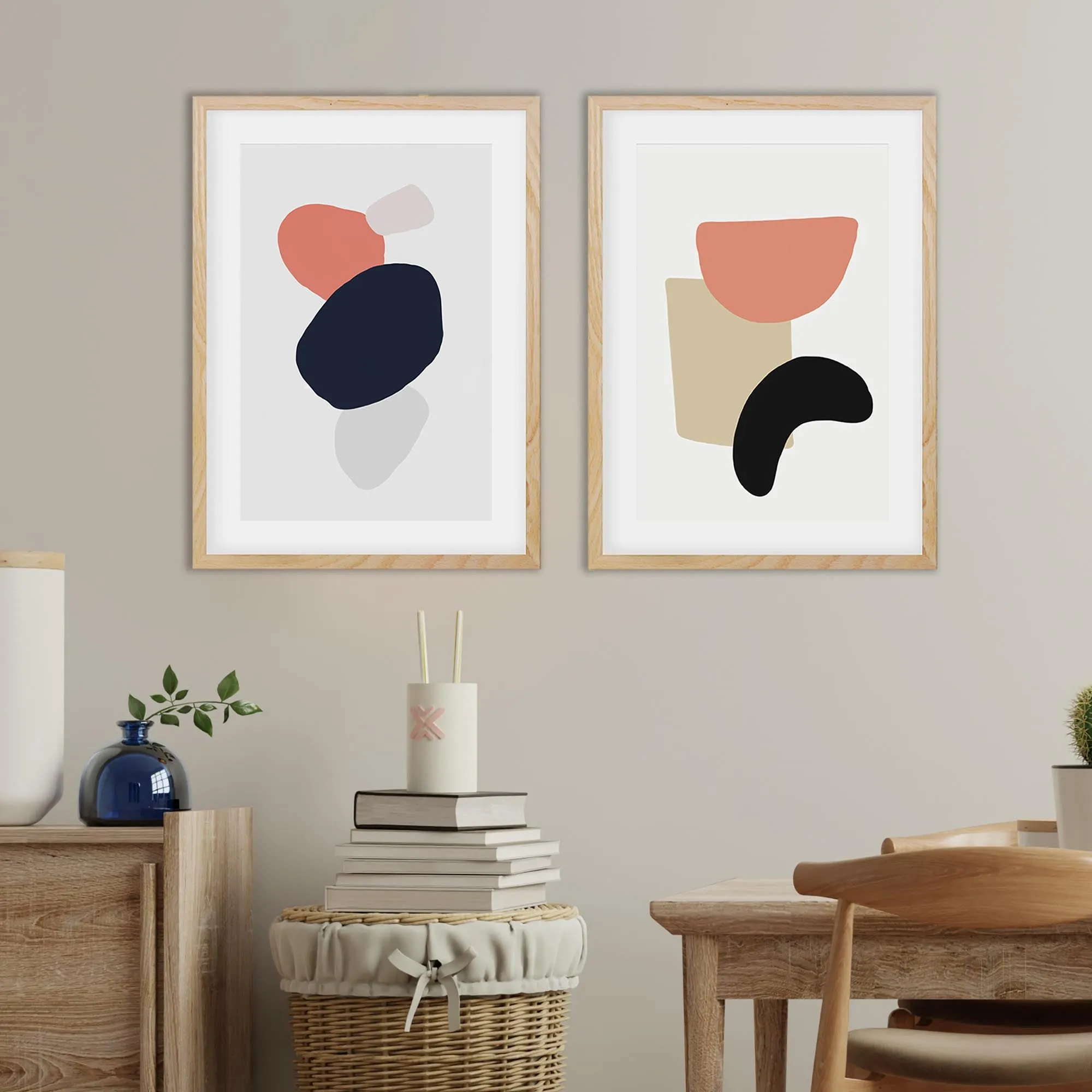 Coral And Black Abstract - Print Set Of 2