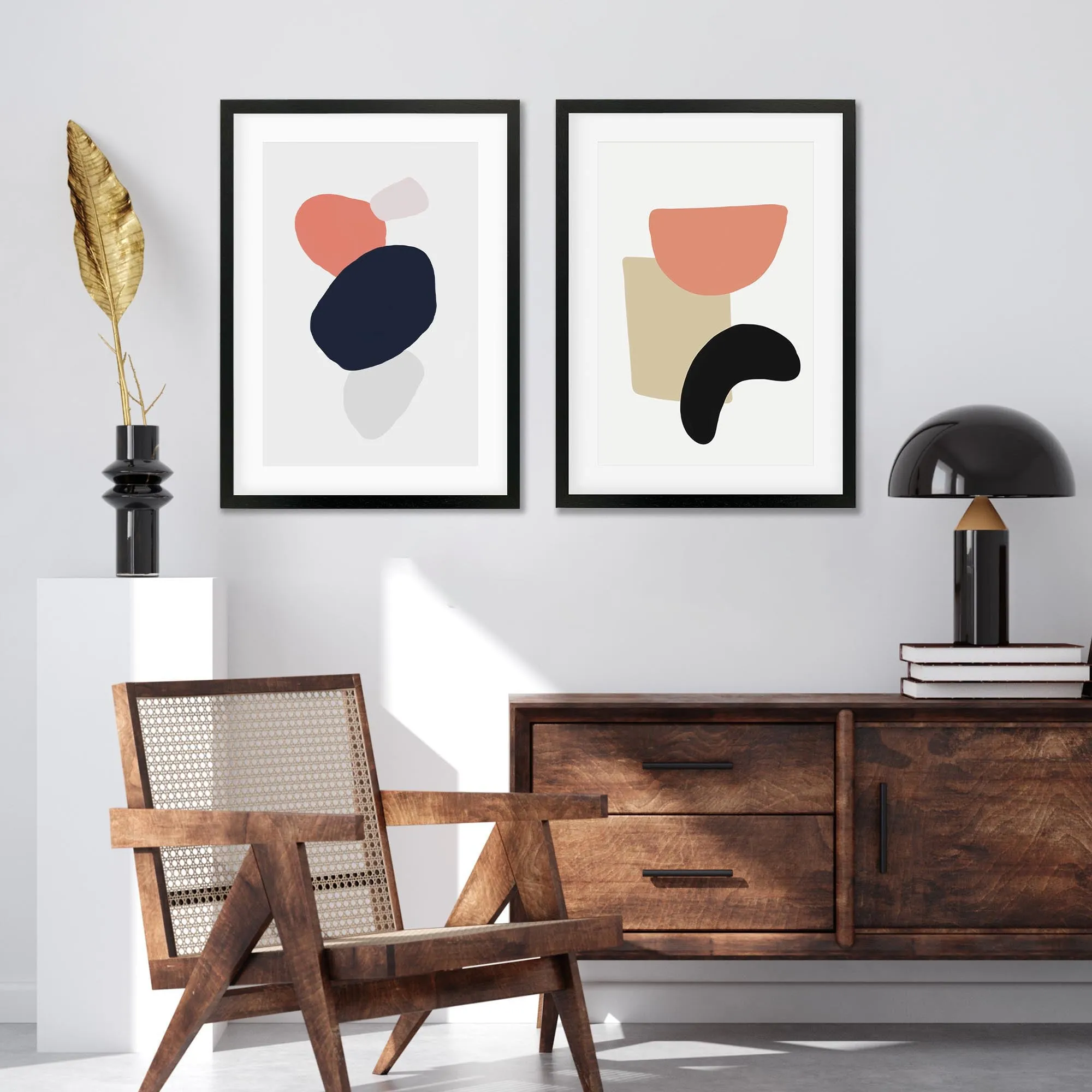 Coral And Black Abstract - Print Set Of 2