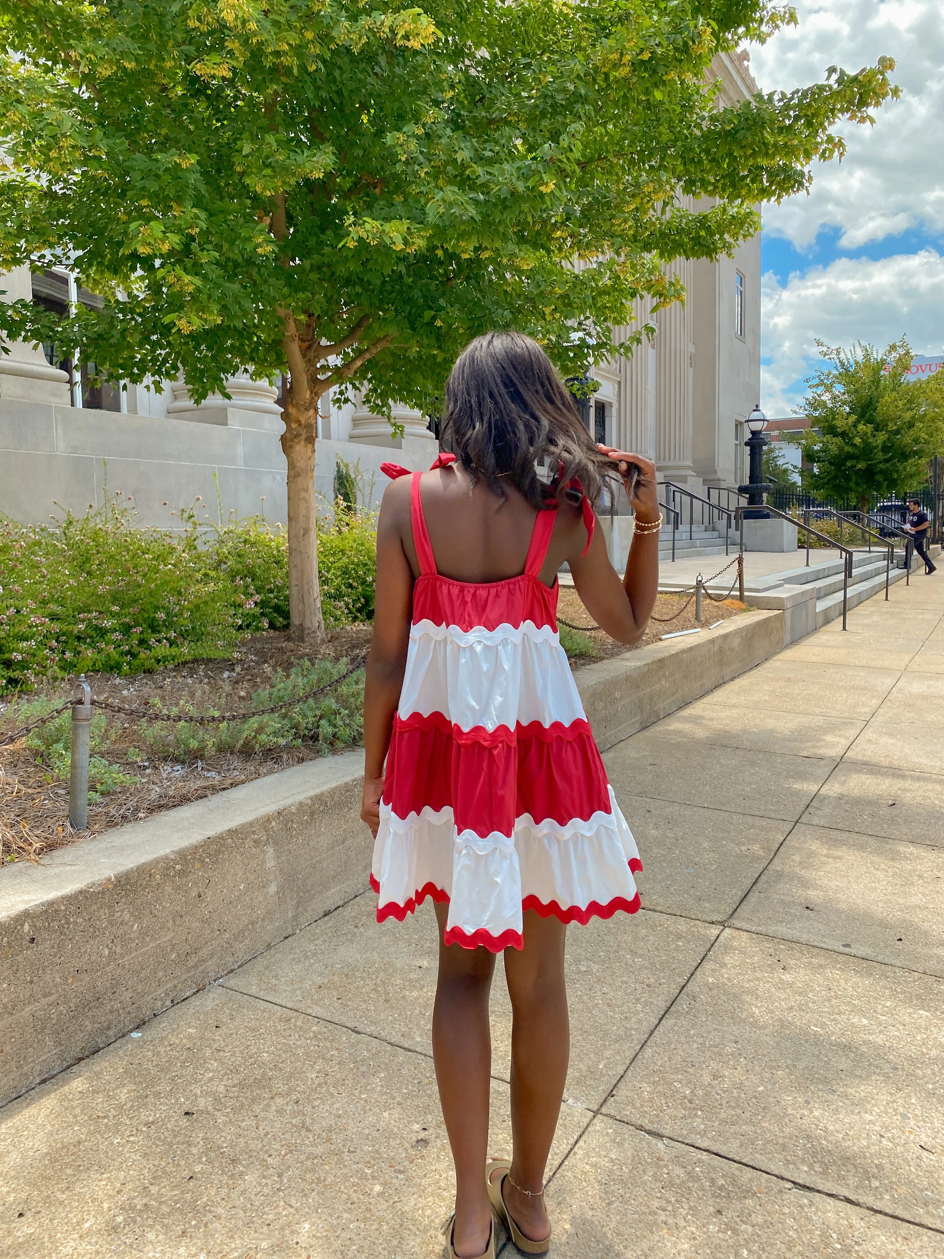 CRIMSON AND WHITE RICRAC SHOULDER TIE MINI DRESS