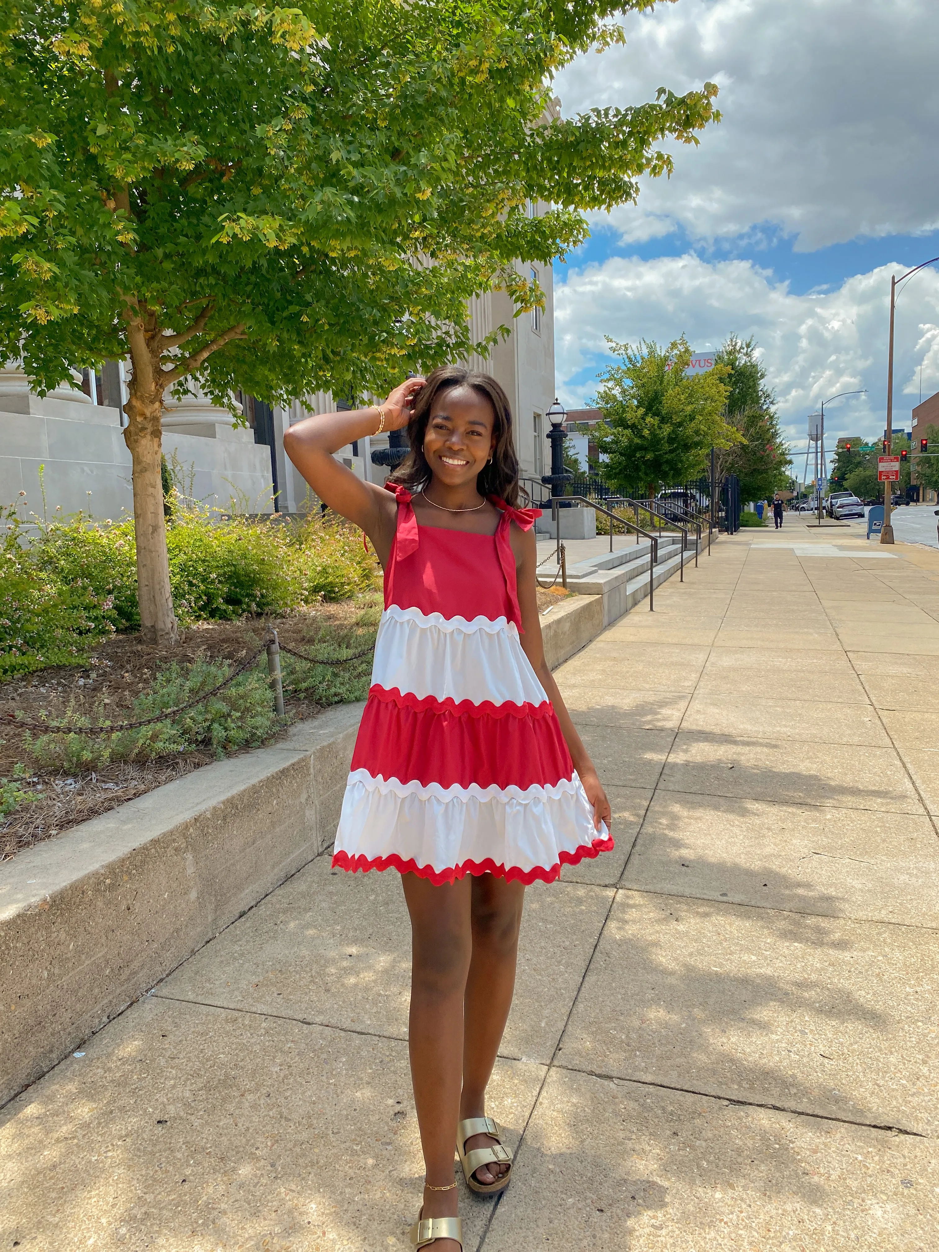 CRIMSON AND WHITE RICRAC SHOULDER TIE MINI DRESS