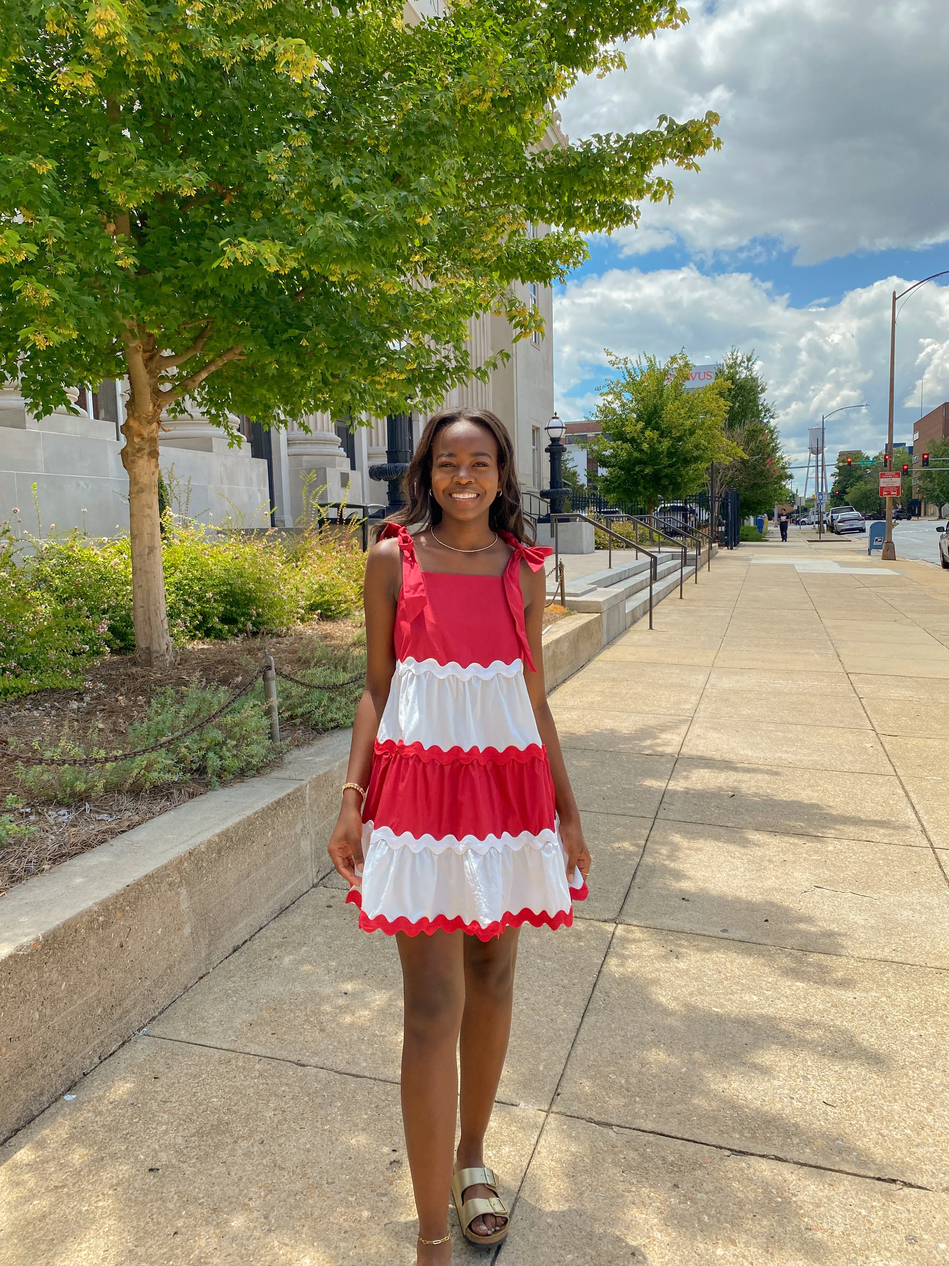 CRIMSON AND WHITE RICRAC SHOULDER TIE MINI DRESS