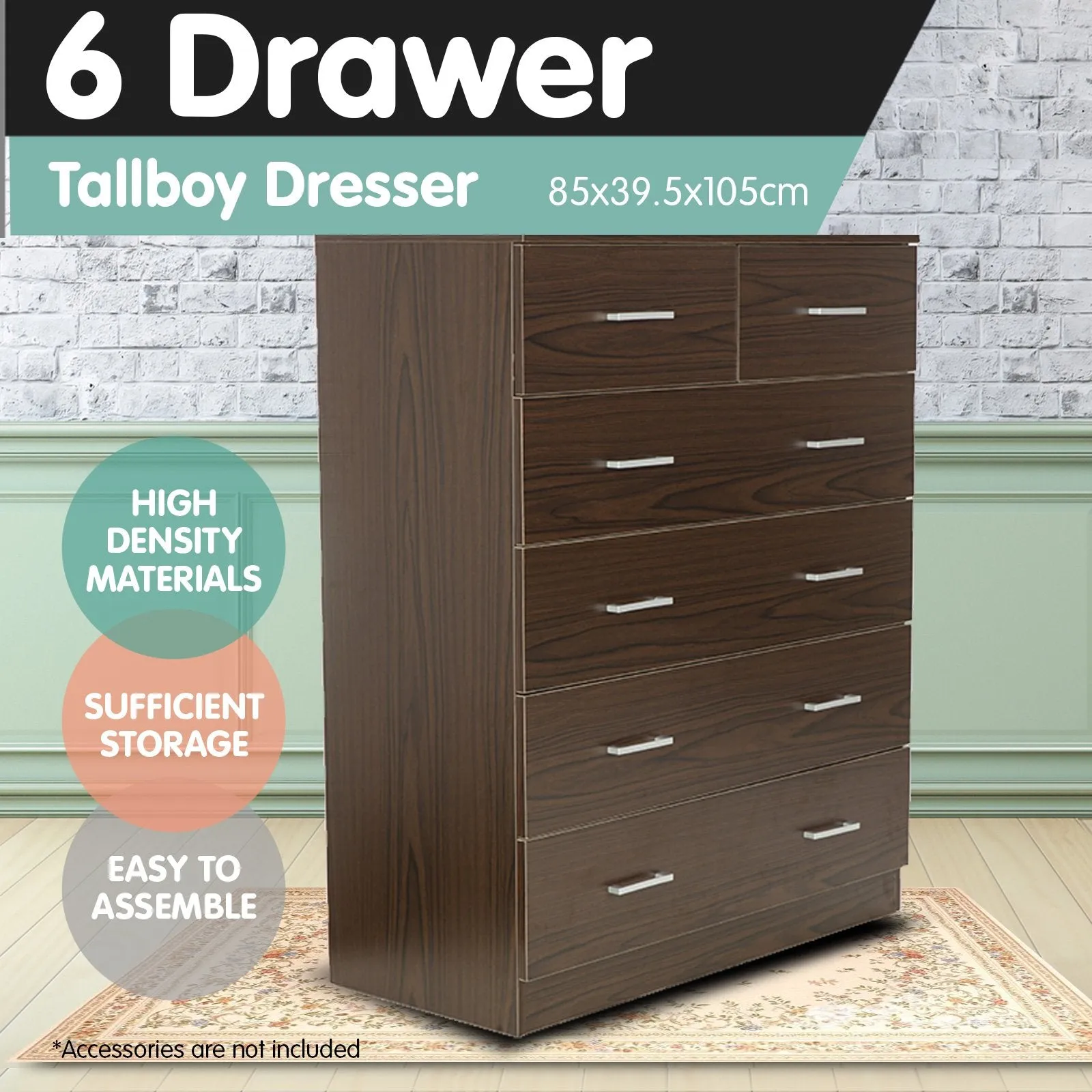 Melamine Finish 6-Drawer Tallboy Cabinet, Anti-Rust, Brown - Sarantino