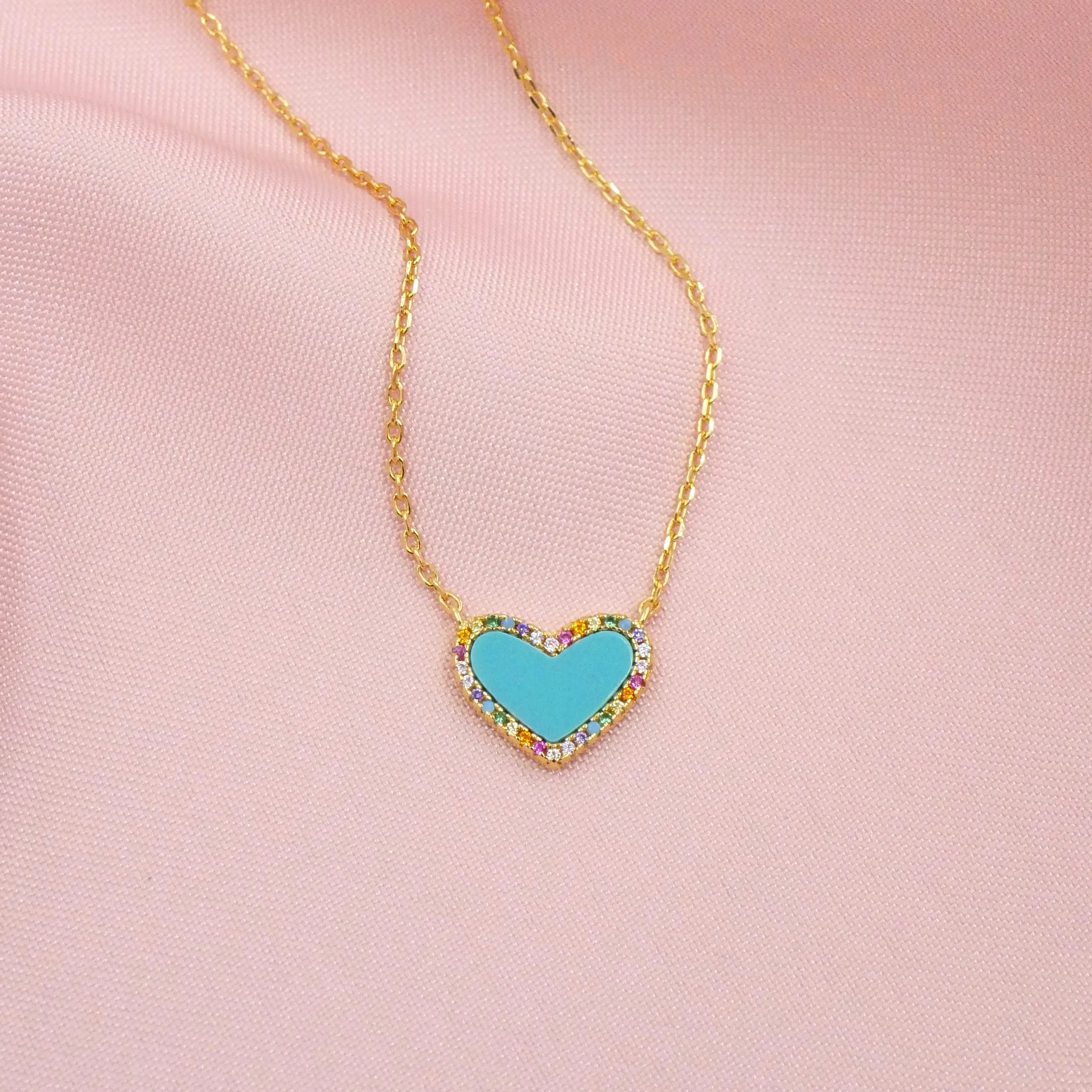 Mini Turquoise Heart Necklace with Rainbow Pave