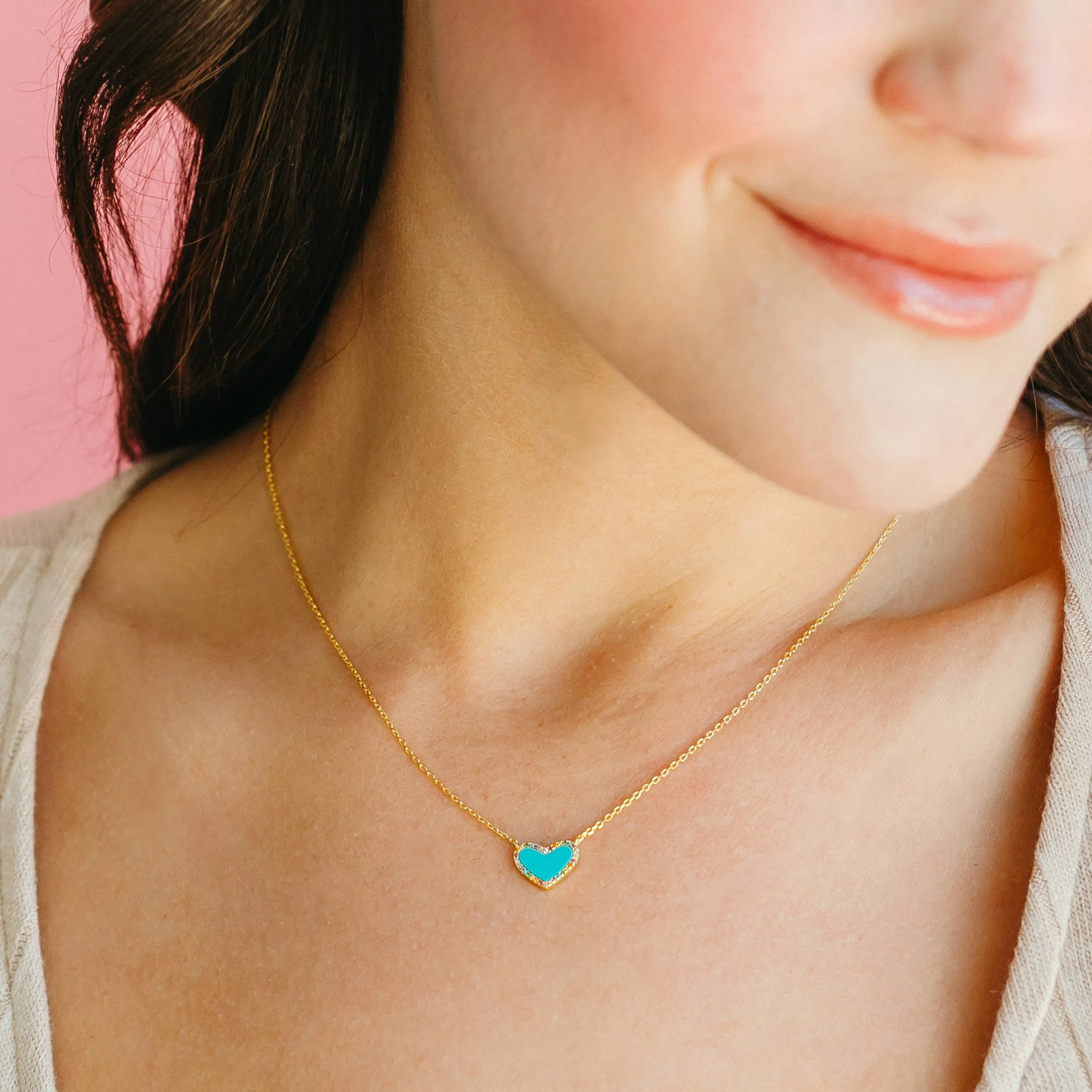 Mini Turquoise Heart Necklace with Rainbow Pave