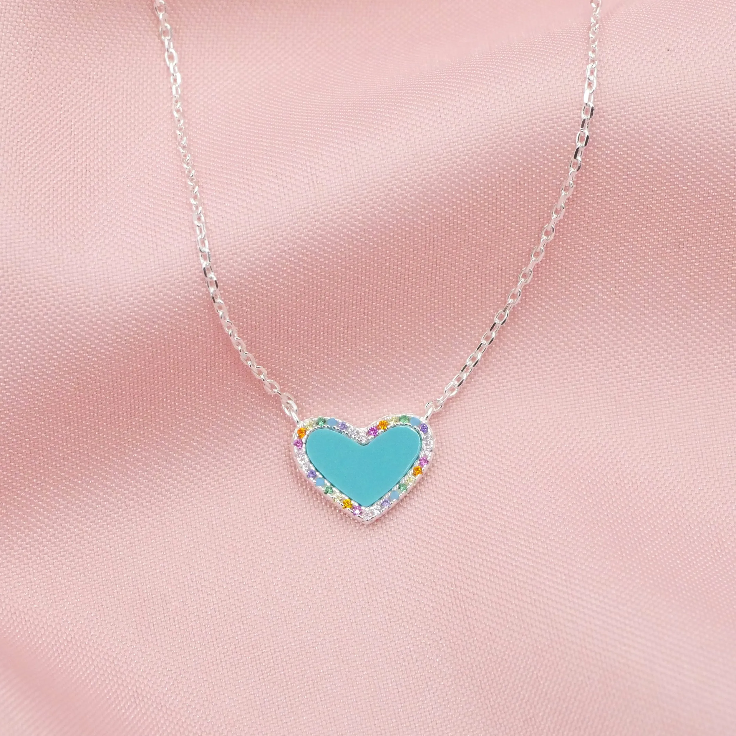 Mini Turquoise Heart Necklace with Rainbow Pave