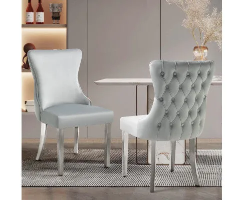 Paris Light Grey Velvet & Silver Polished Steel Upholstered Dining Chairs Tufted Back - Set of 2