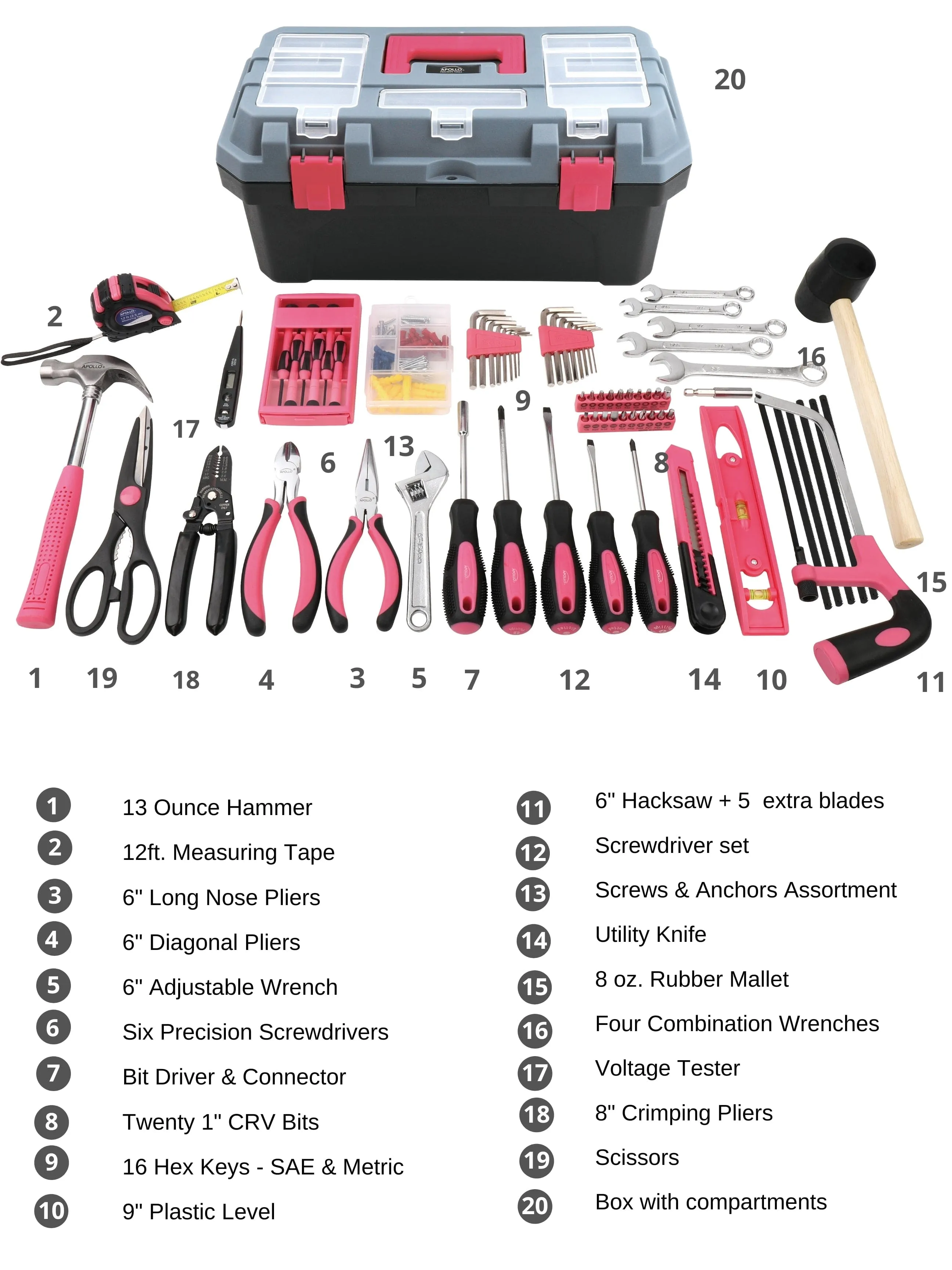 Pink 170 Piece Household Tool Kit with New and Improved Tool Box - DT7103P