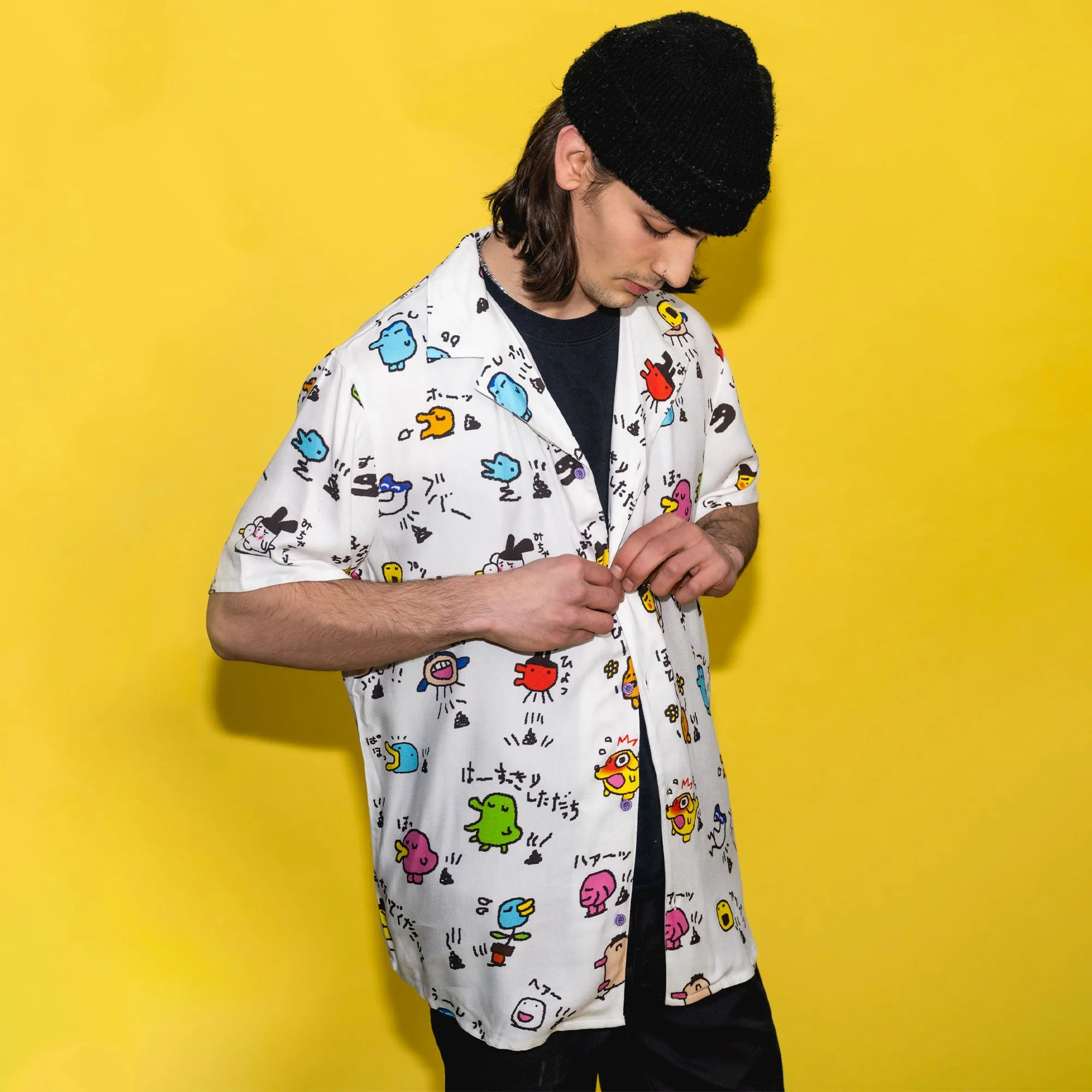 Charming Tamagotchi-Inspired Button-Up Shirt for Nostalgic Fans