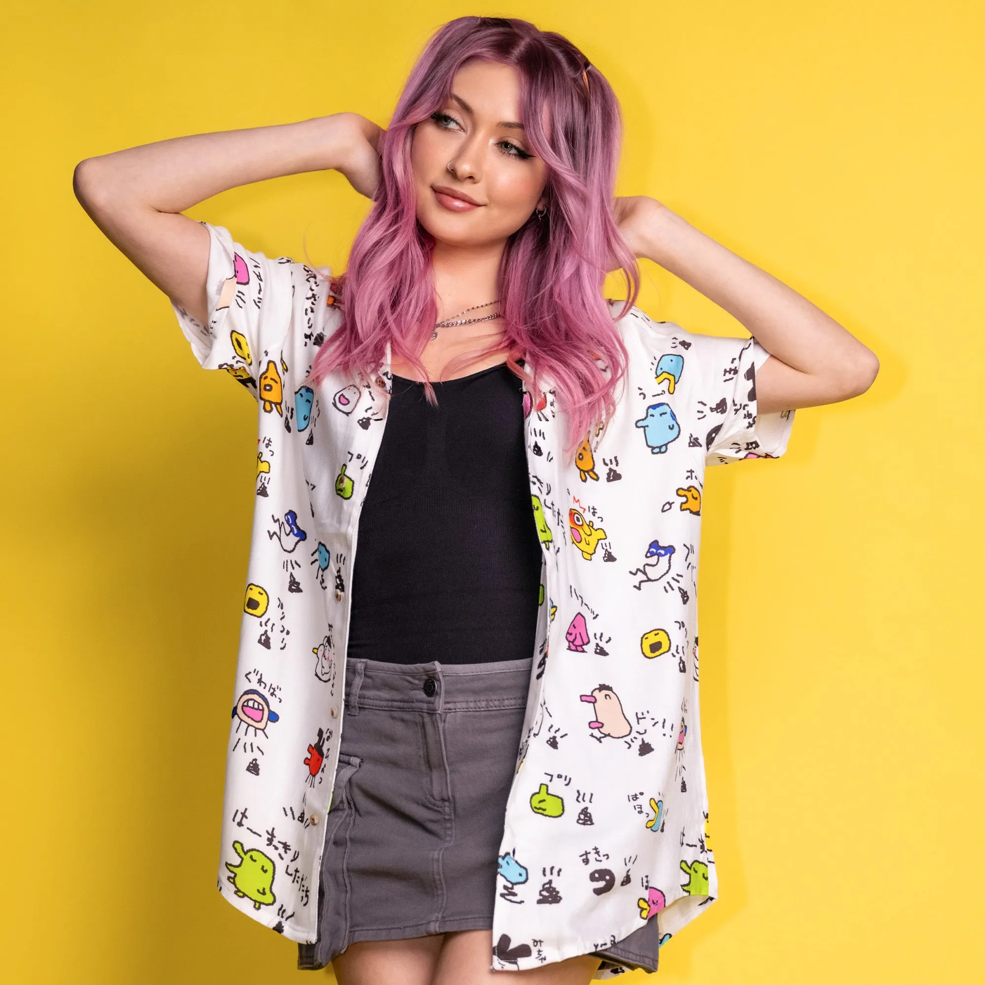 Charming Tamagotchi-Inspired Button-Up Shirt for Nostalgic Fans