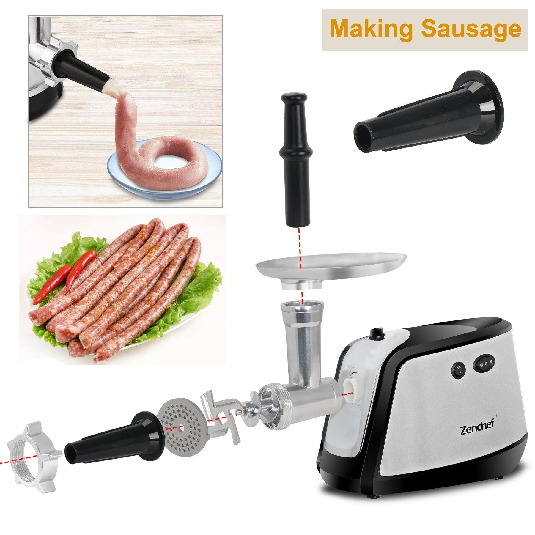 ZENY™ Electric Meat Grinder - Stainless Steel Meat Mincer with 3 Grinding Plates and Sausage Stuffing Tubes for Home & Commercial Use - 1000W Max