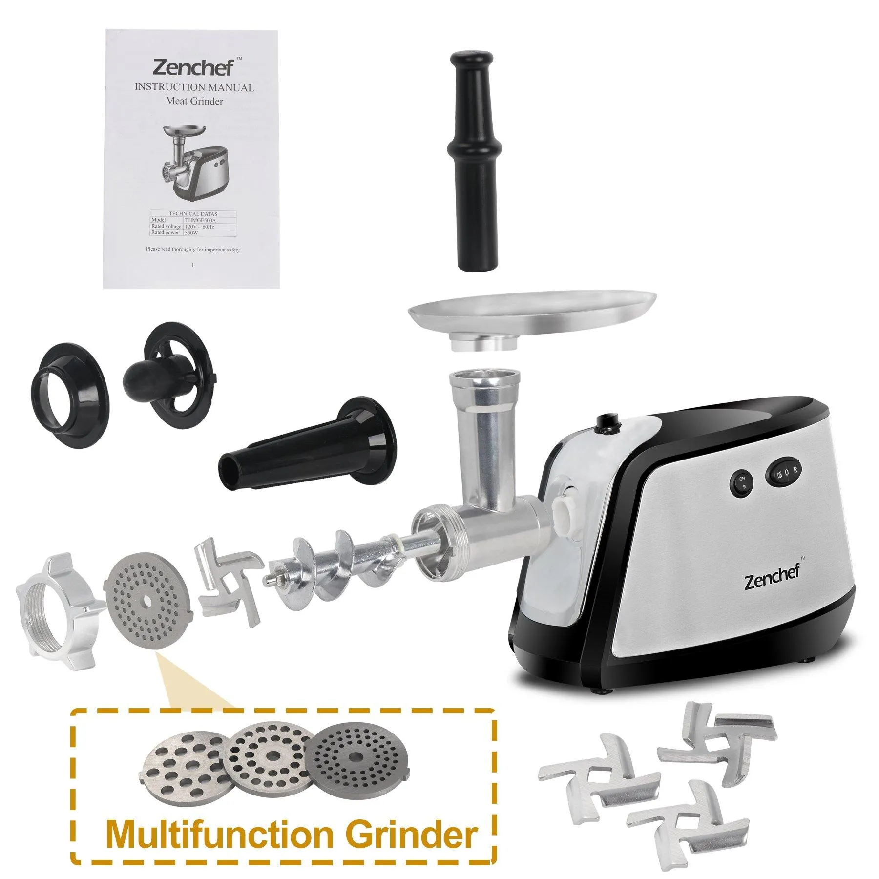 ZENY™ Electric Meat Grinder - Stainless Steel Meat Mincer with 3 Grinding Plates and Sausage Stuffing Tubes for Home & Commercial Use - 1000W Max